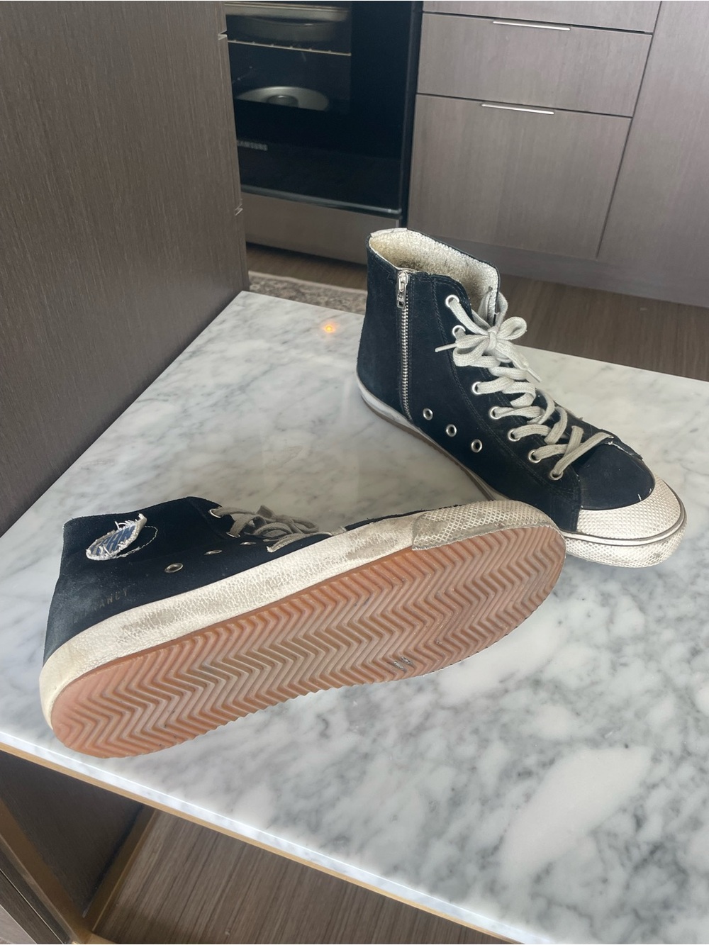 Golden Goose Black and White High-Top Athletic Sneakers with Gum Sole